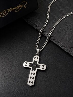 NIB Ed Hardy Men's Stainless Steel Cross Necklace Black Rhinestones 24" Chain